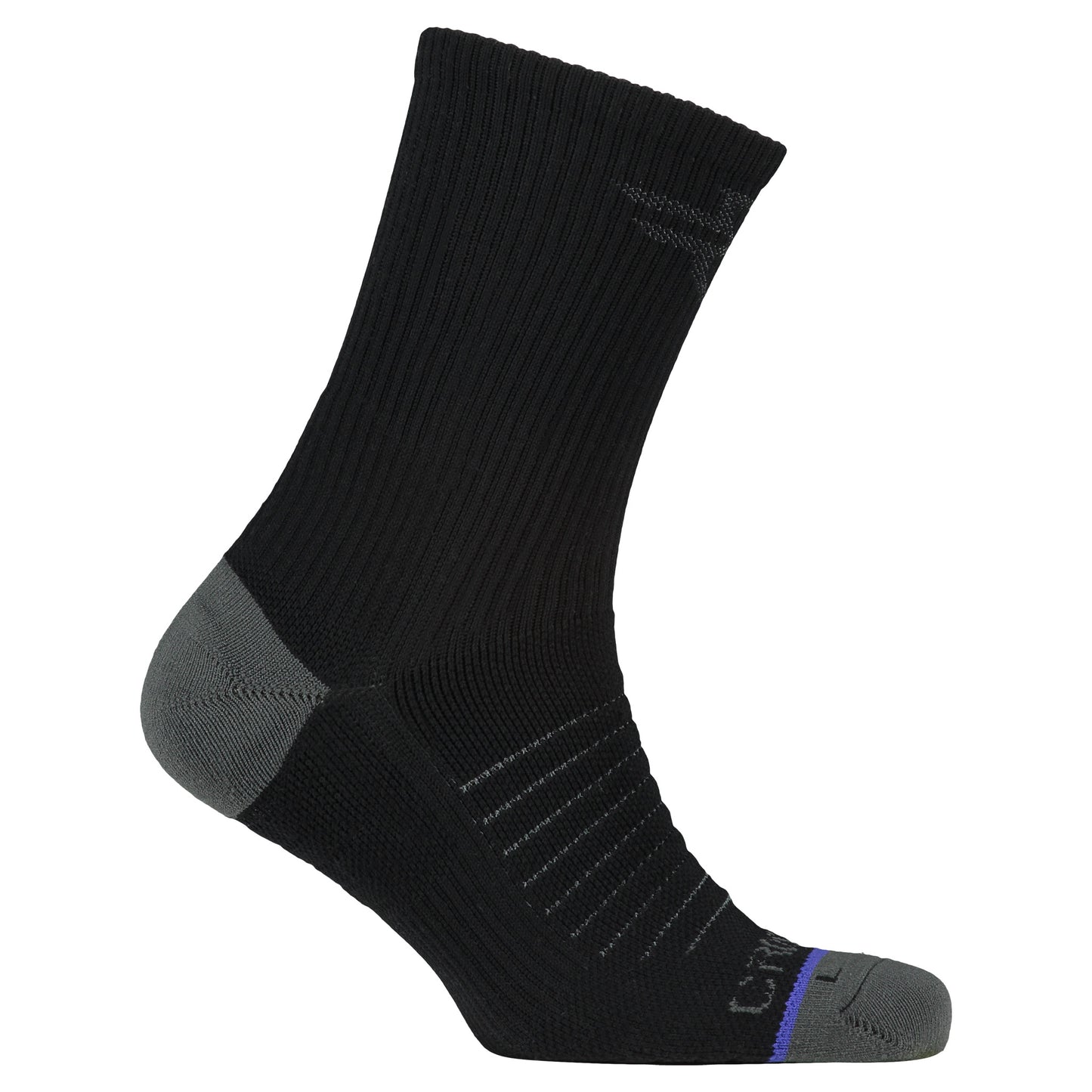 Crossfly men's Hero Crew Socks in black from the Performance series, featuring AirBeams and 180 Hold.