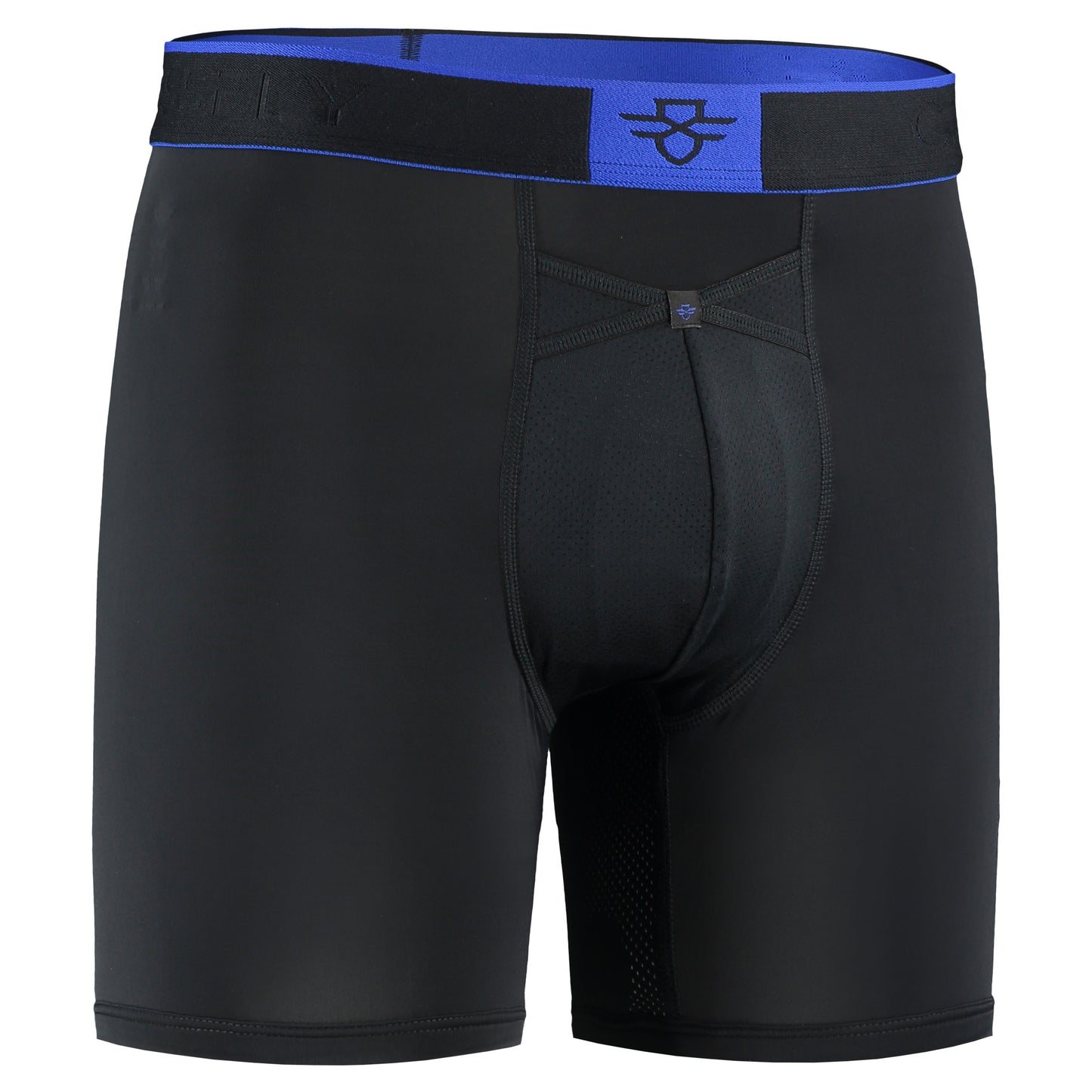Crossfly men's Pro 7" black / royal boxers from the Performance series, featuring X-Fly and Coccoon internal pocket support.