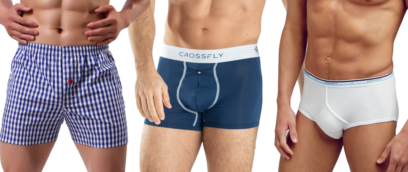 Men's underwear choices - boxers, briefs or boxer briefs.