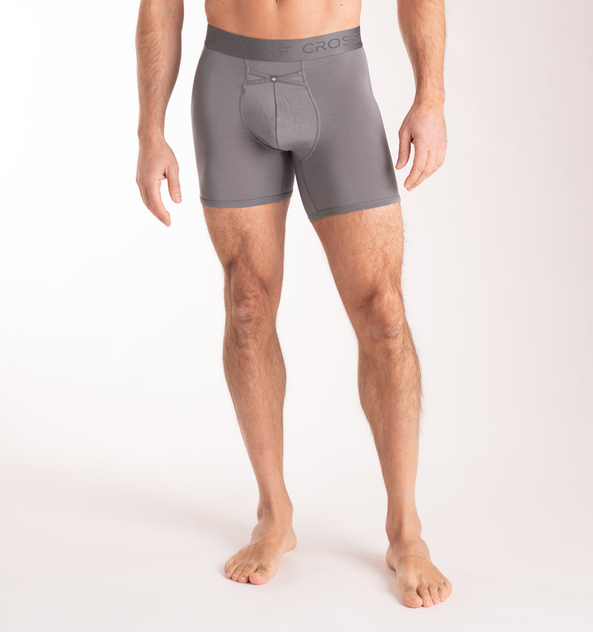 Crossfly men&#39;s IKON 6&quot; charcoal boxers from the Everyday series, featuring X-Fly and Coccoon internal pocket support.