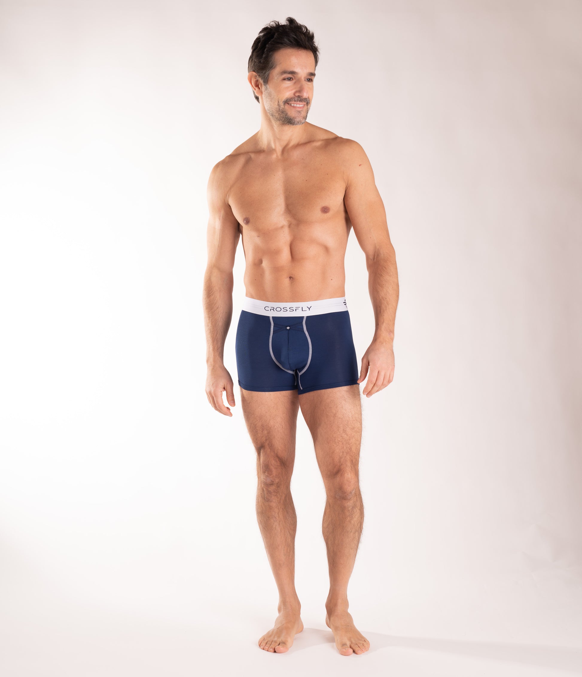 Crossfly men's IKON X 3" navy / white trunks from the Everyday series, featuring X-Fly and Coccoon internal pocket support.