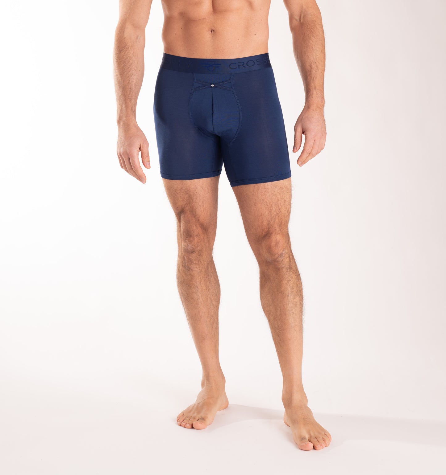 Crossfly men's IKON 6" navy boxers from the Everyday series, featuring X-Fly and Coccoon internal pocket support.