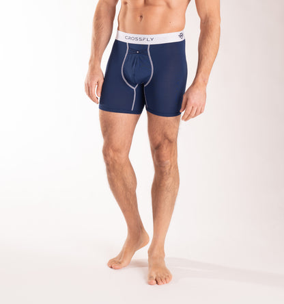 Crossfly men's IKON X 6" navy / white boxers from the Everyday series, featuring X-Fly and Coccoon internal pocket support.