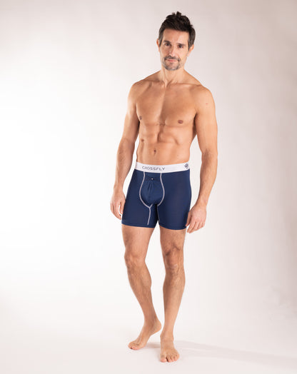 Crossfly men's IKON X 6" navy / white boxers from the Everyday series, featuring X-Fly and Coccoon internal pocket support.