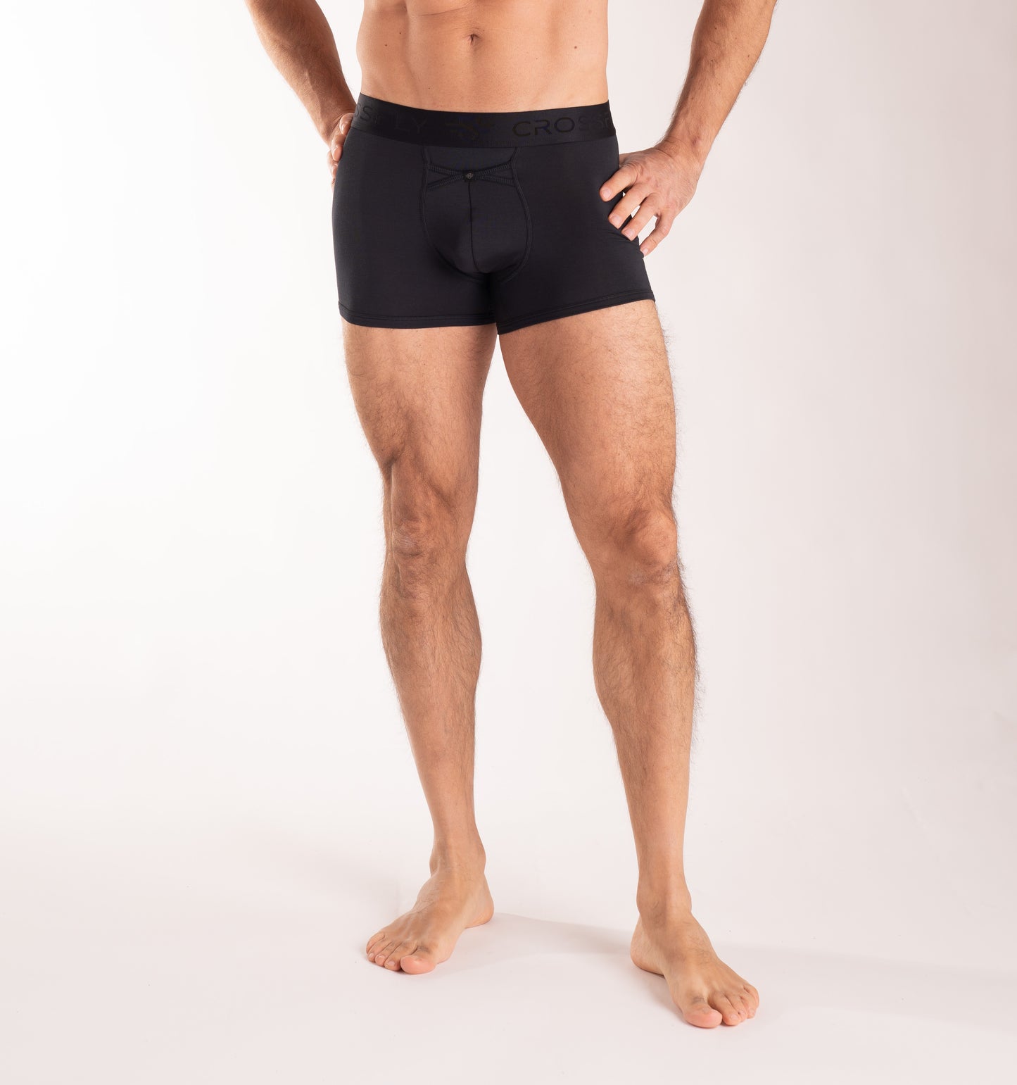 Crossfly men's IKON 3" black trunks from the Everyday series, featuring X-Fly and Coccoon internal pocket support.