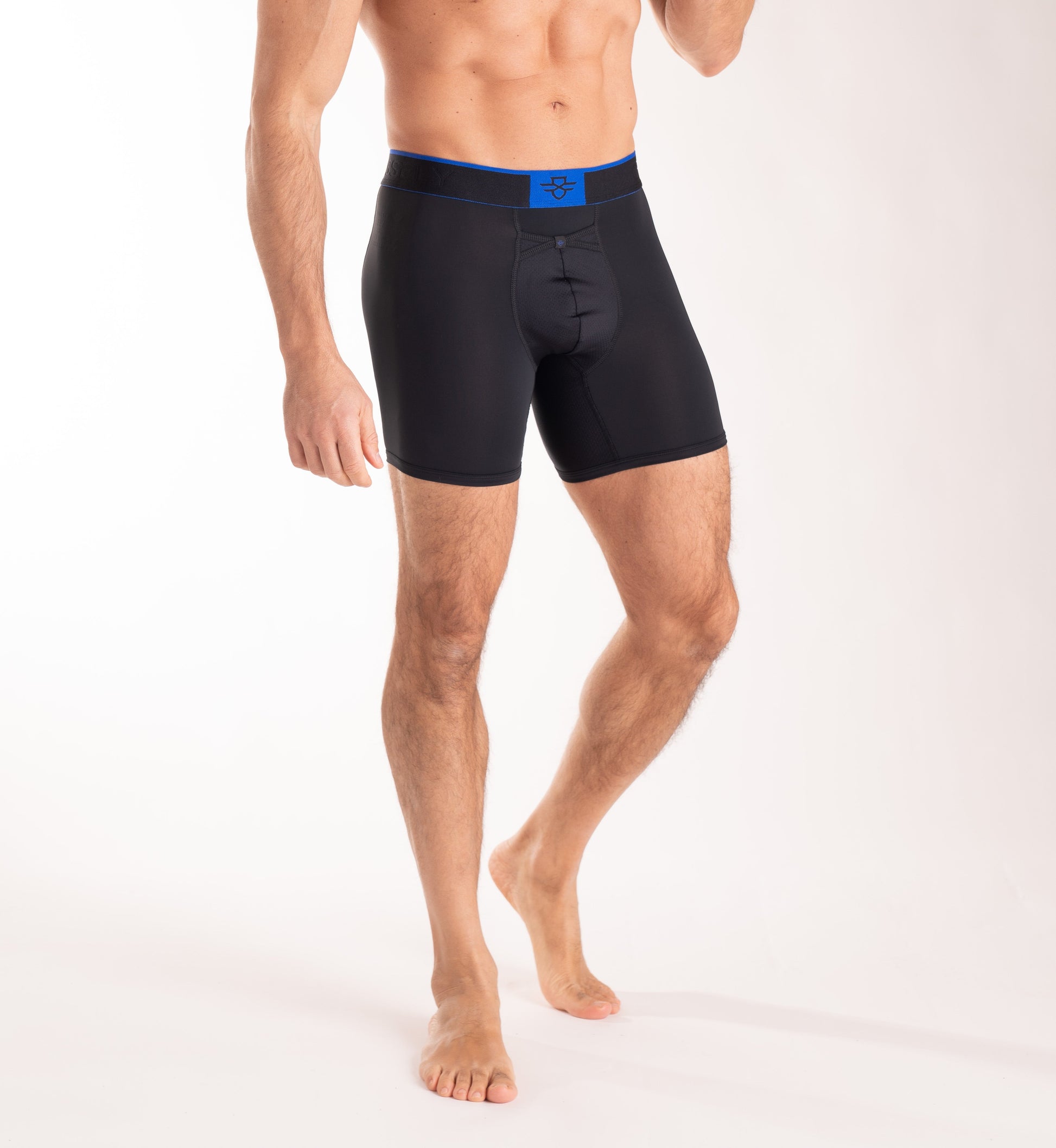 Crossfly men's Pro 7" black / royal boxers from the Performance series, featuring X-Fly and Coccoon internal pocket support.