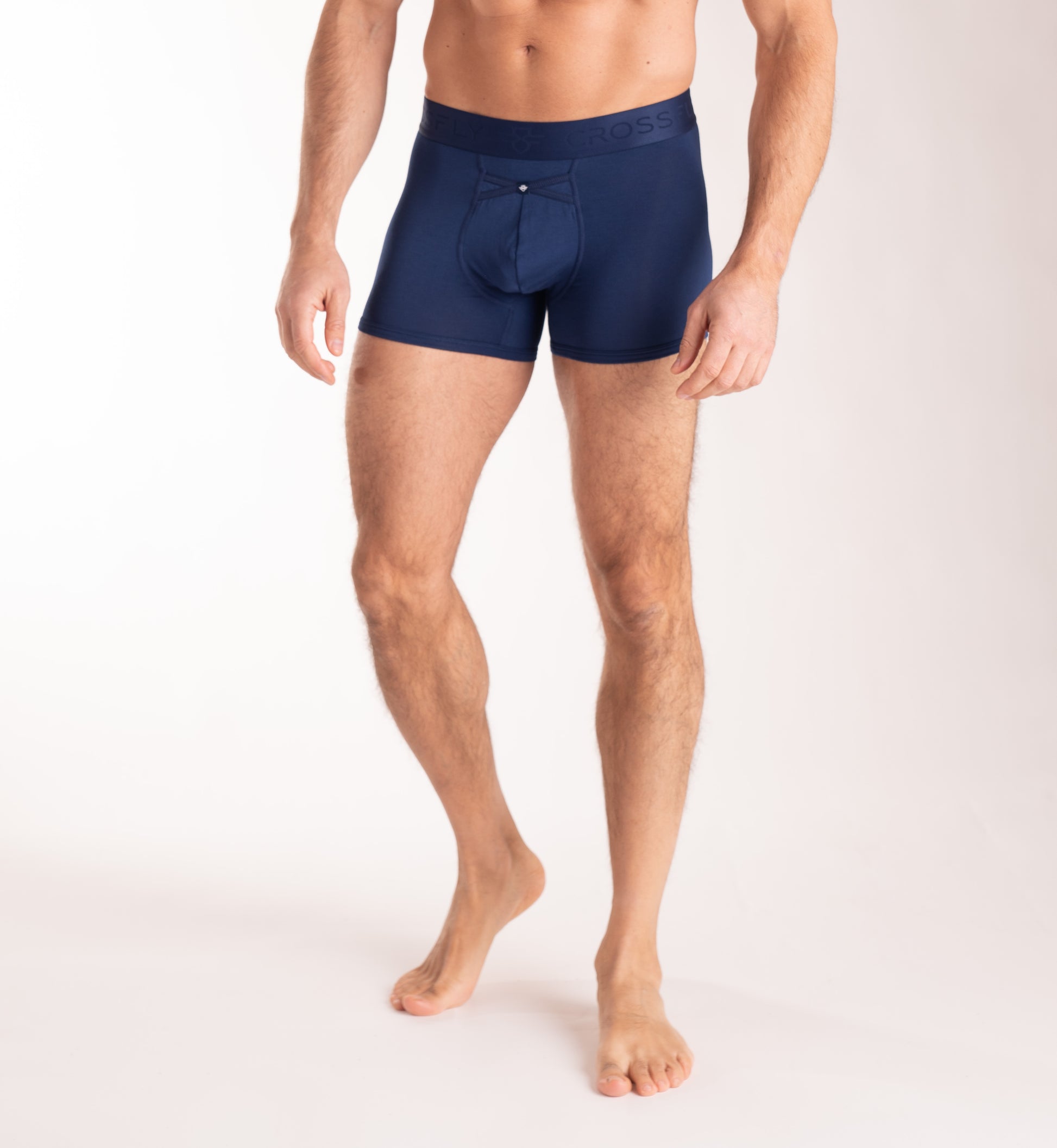 Crossfly men's IKON 3" navy trunks from the Everyday series, featuring X-Fly and Coccoon internal pocket support.