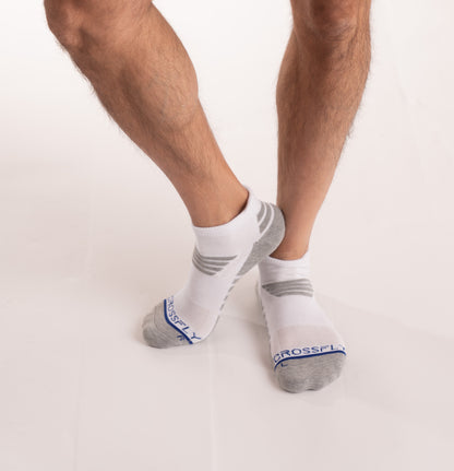 Crossfly men's Tempo Low Socks in white / grey from the Performance series, featuring AirBeams and 180 Hold.