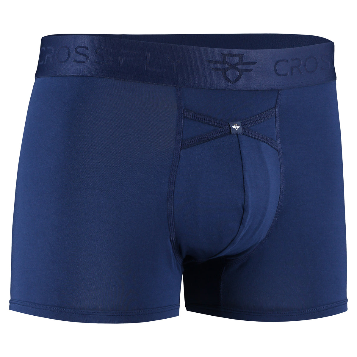 Crossfly men&#39;s IKON 3&quot; navy trunks from the Everyday series, featuring X-Fly and Coccoon internal pocket support.