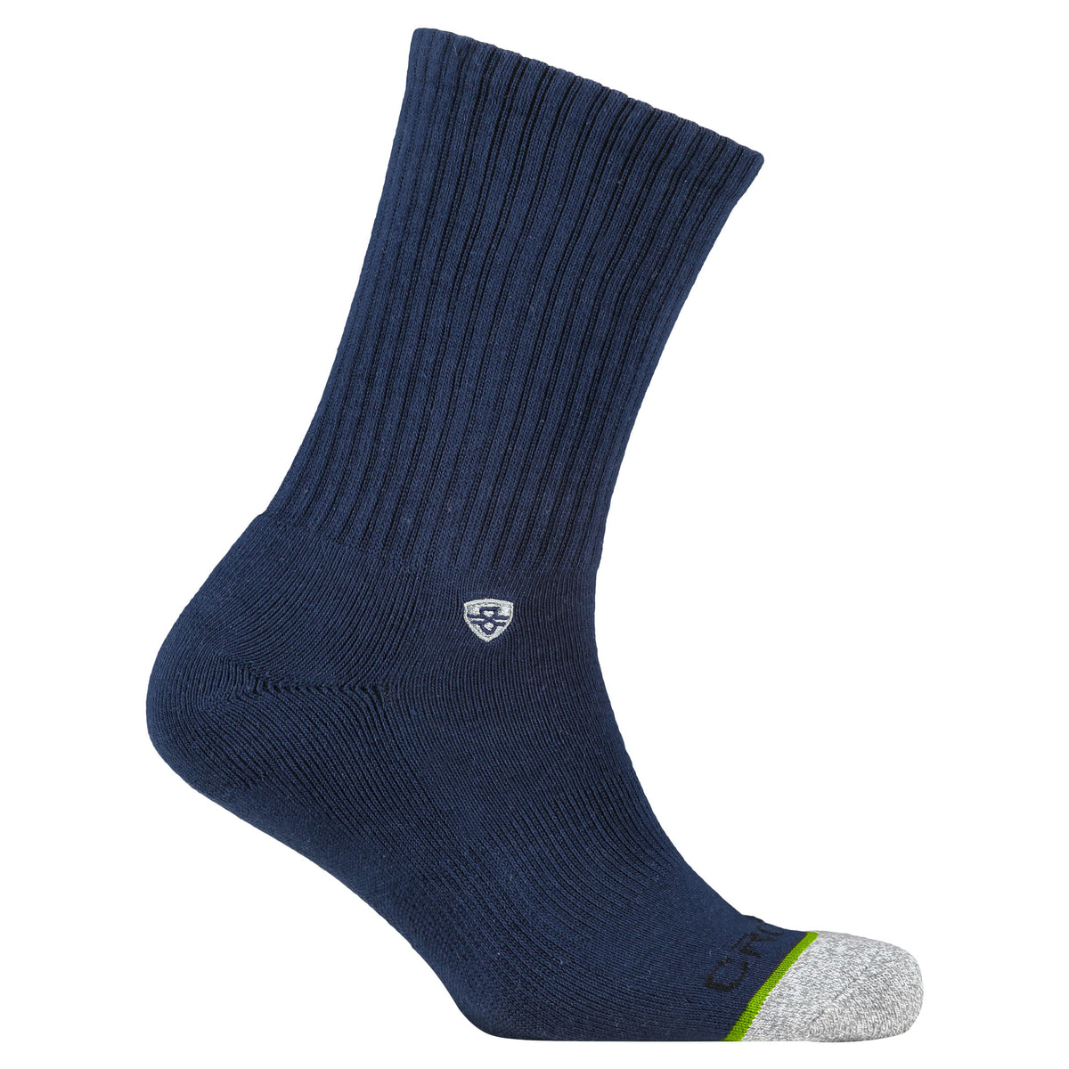 Crossfly men&#39;s Original Crew Socks in navy from the Everyday series, featuring Flat Toe Seams and 360 Hold.