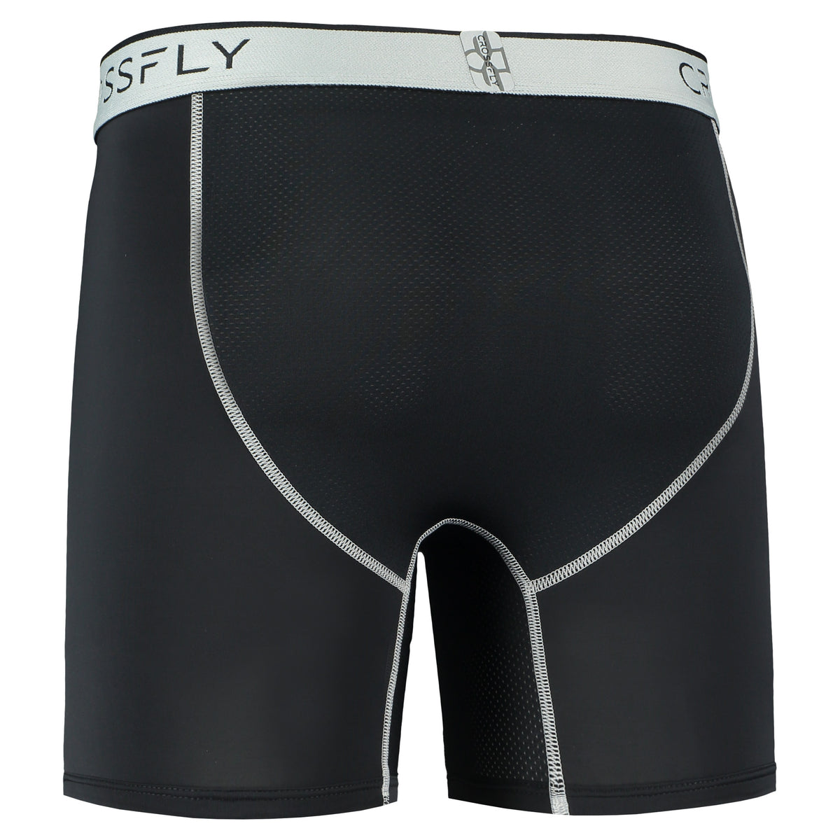 Crossfly men&#39;s Pro 7&quot; black / silver boxers from the Performance series, featuring X-Fly and Coccoon internal pocket support.
