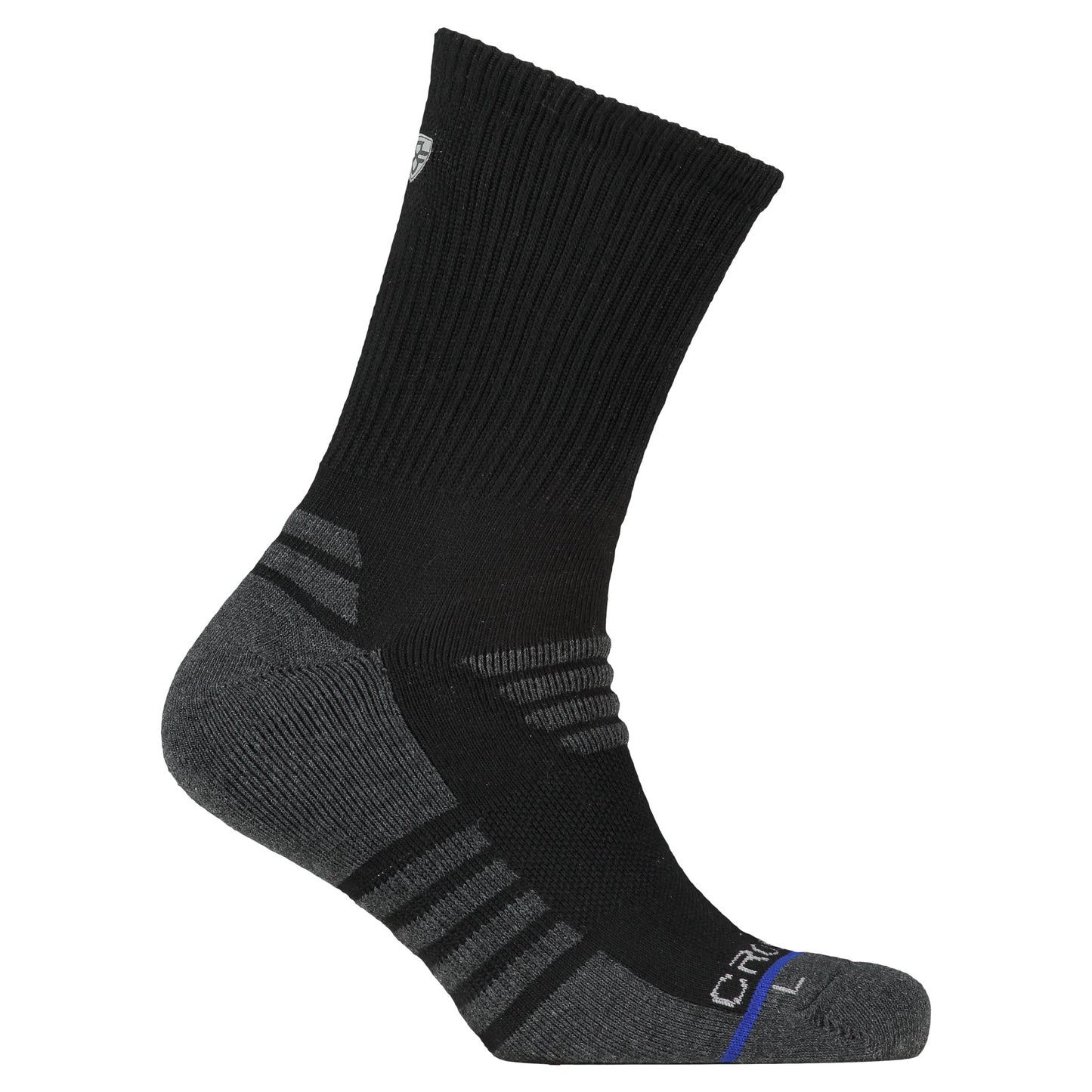 Crossfly men's Tempo Crew Socks in black / charcoal from the Performance series, featuring AirBeams and 180 Hold.