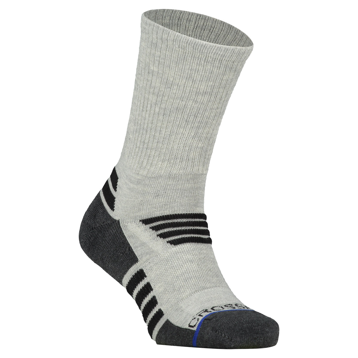 Crossfly men&#39;s Tempo Crew Socks in grey / black from the Performance series, featuring AirBeams and 180 Hold.