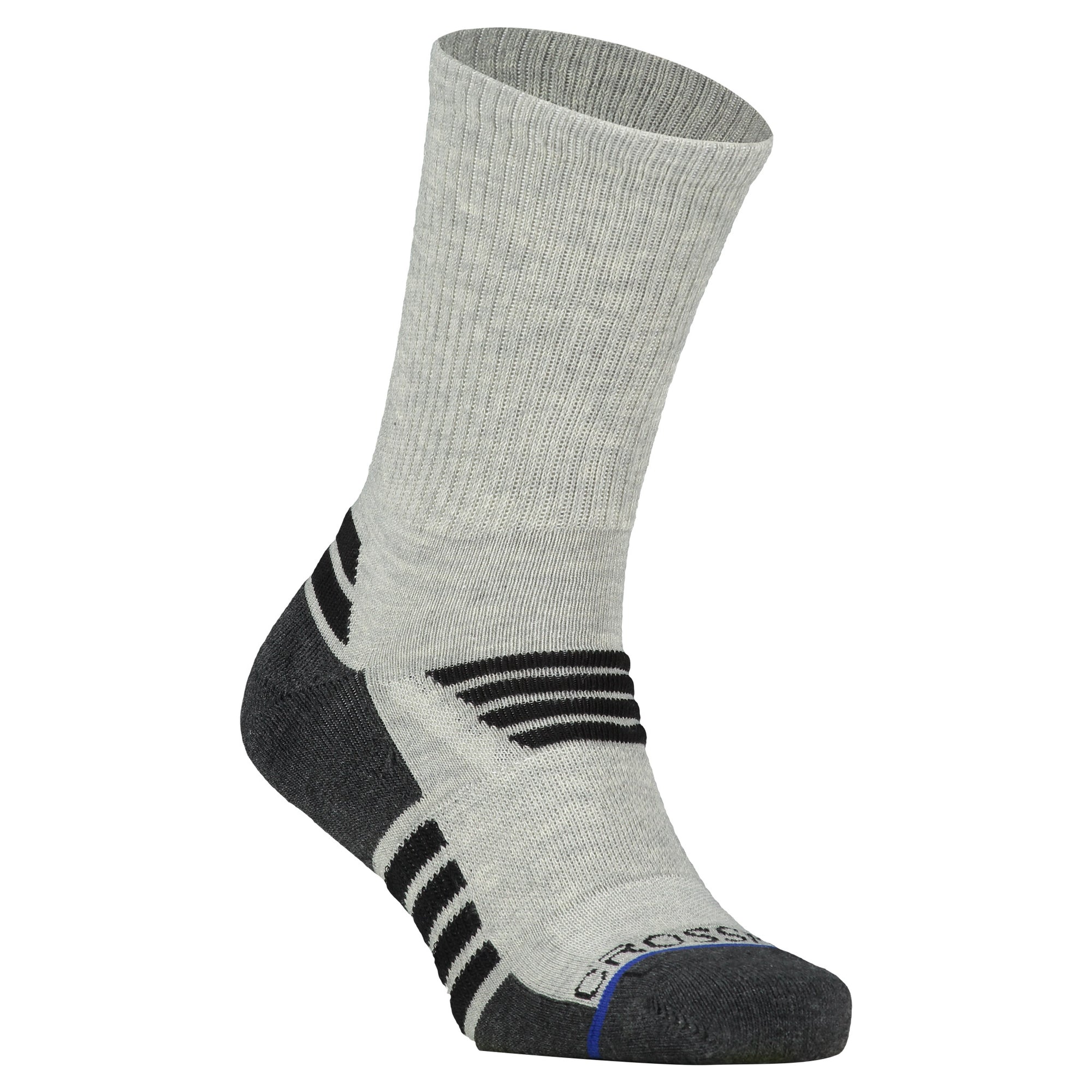 Crossfly men's Tempo Crew Socks in grey / black from the Performance series, featuring AirBeams and 180 Hold.