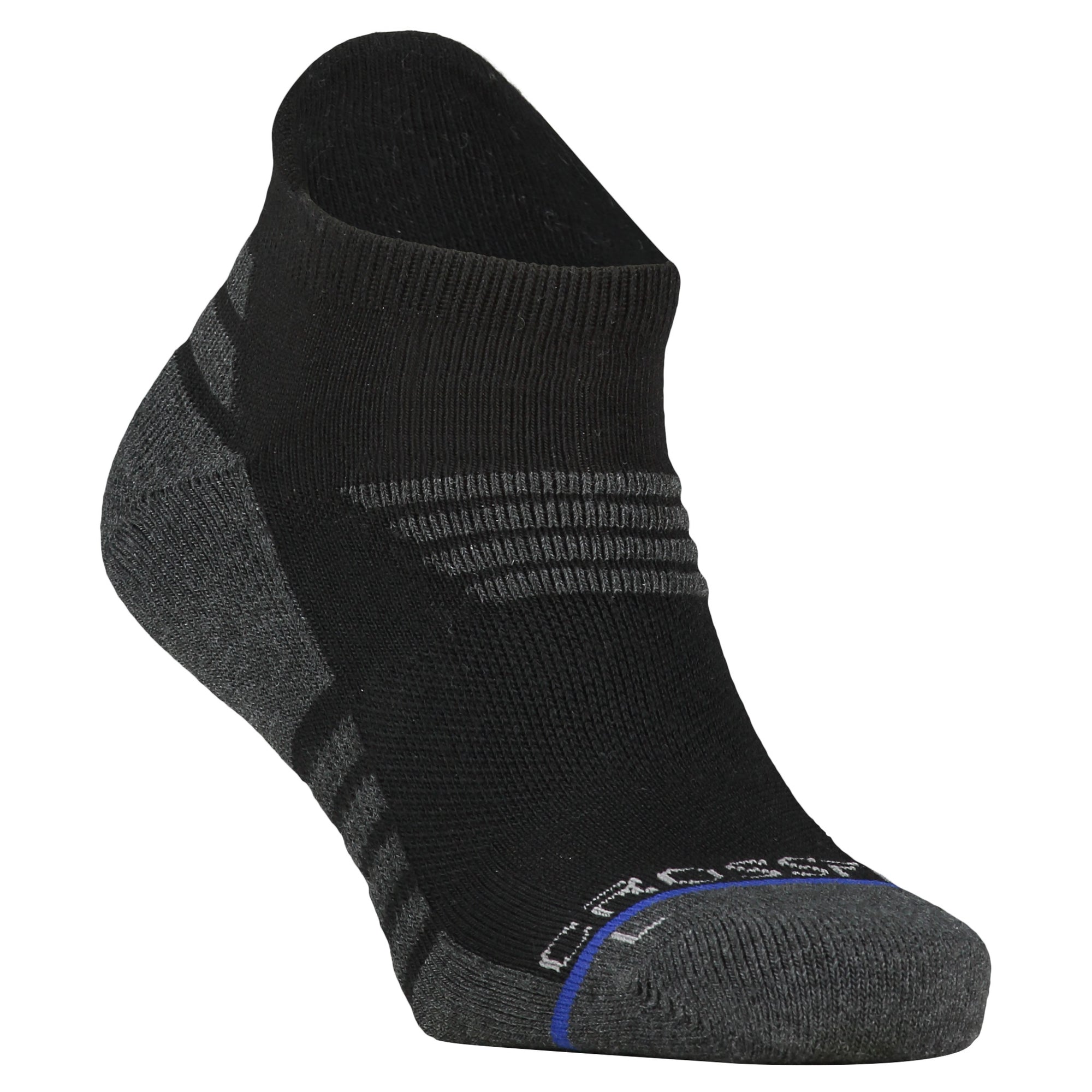Crossfly men's Tempo Low Socks in black / charcoal from the Performance series, featuring AirBeams and 180 Hold.