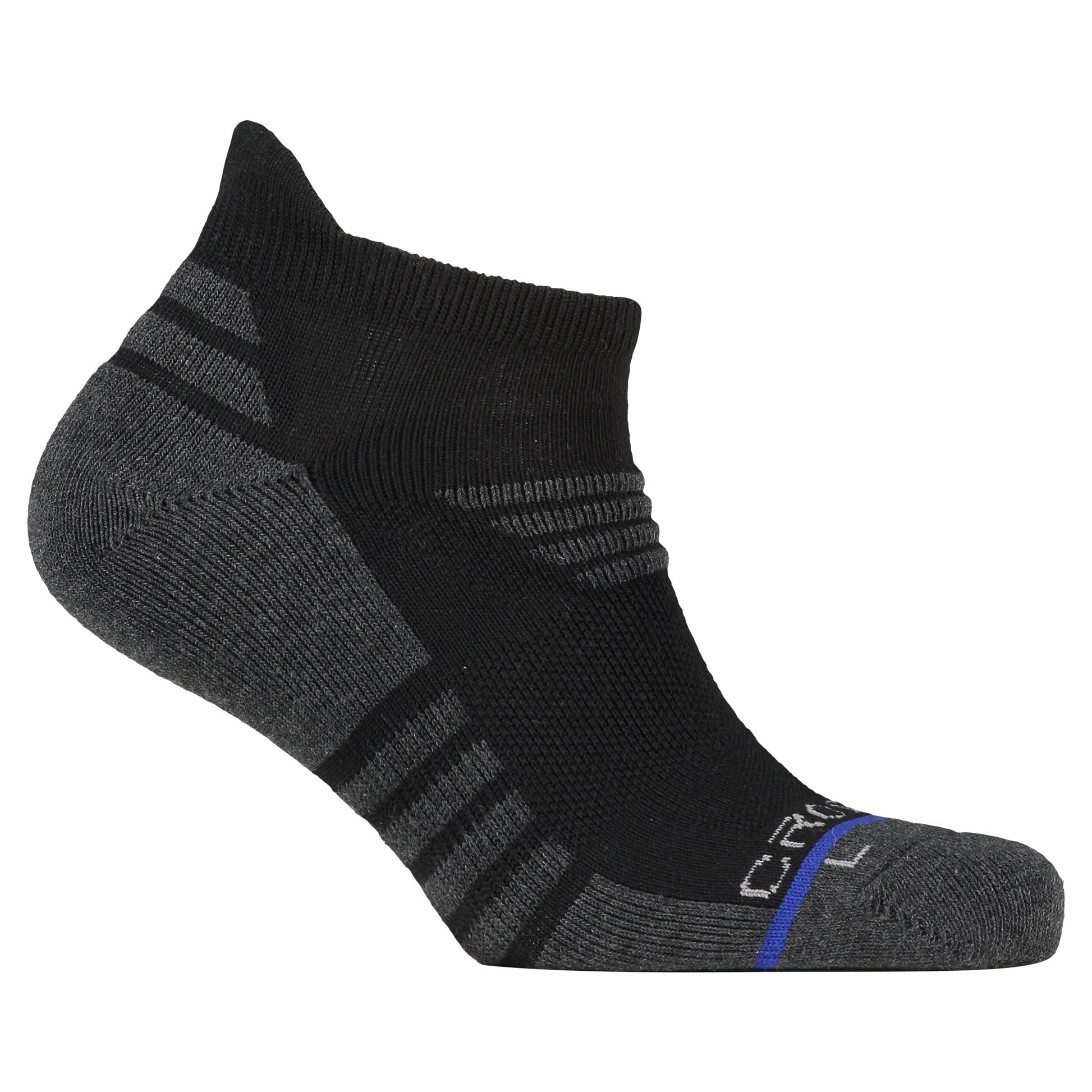 Crossfly men's Tempo Low Socks in black / charcoal from the Performance series, featuring AirBeams and 180 Hold.