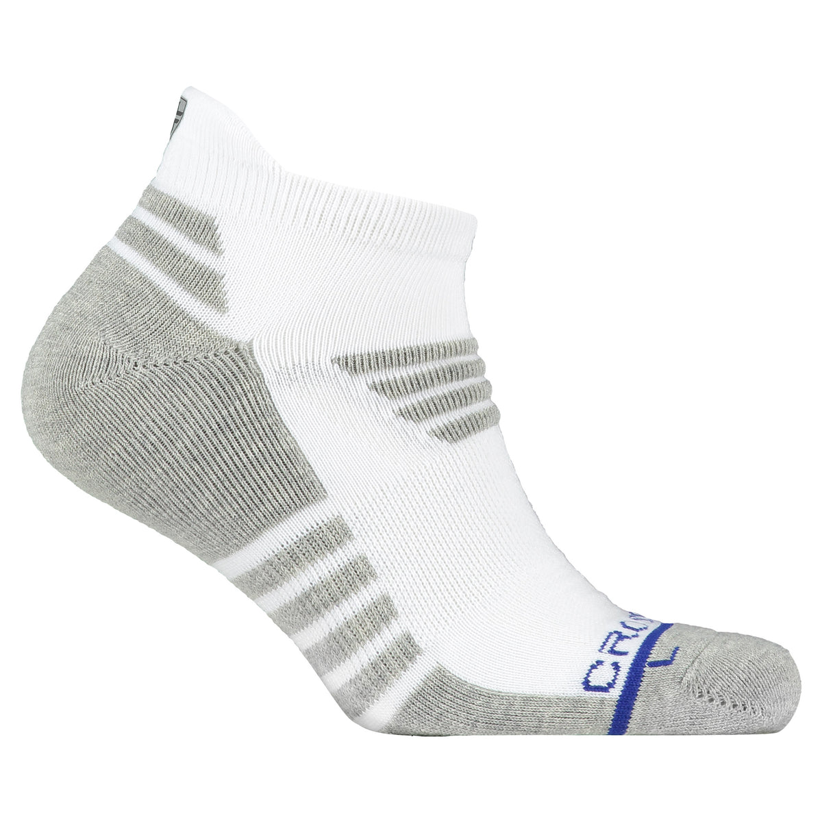 Crossfly men&#39;s Tempo Low Socks in white / grey from the Performance series, featuring AirBeams and 180 Hold.